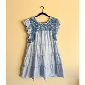 J. Marie Blue + White Gingham Embroidered Floral Ruffle Tiered Mini Dress Large